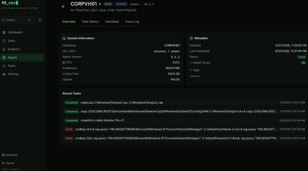 Agent detail — system information, metadata, health score, tags, and recent tasks