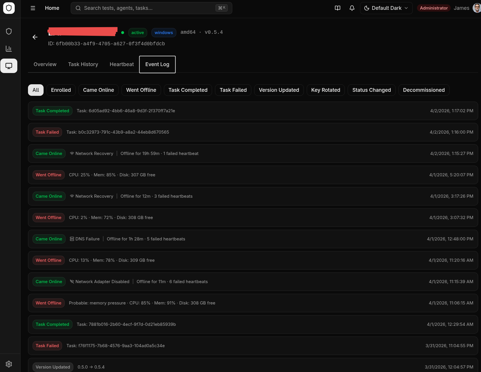 Agent event log — lifecycle events with disconnect reasons, task completions, and version updates