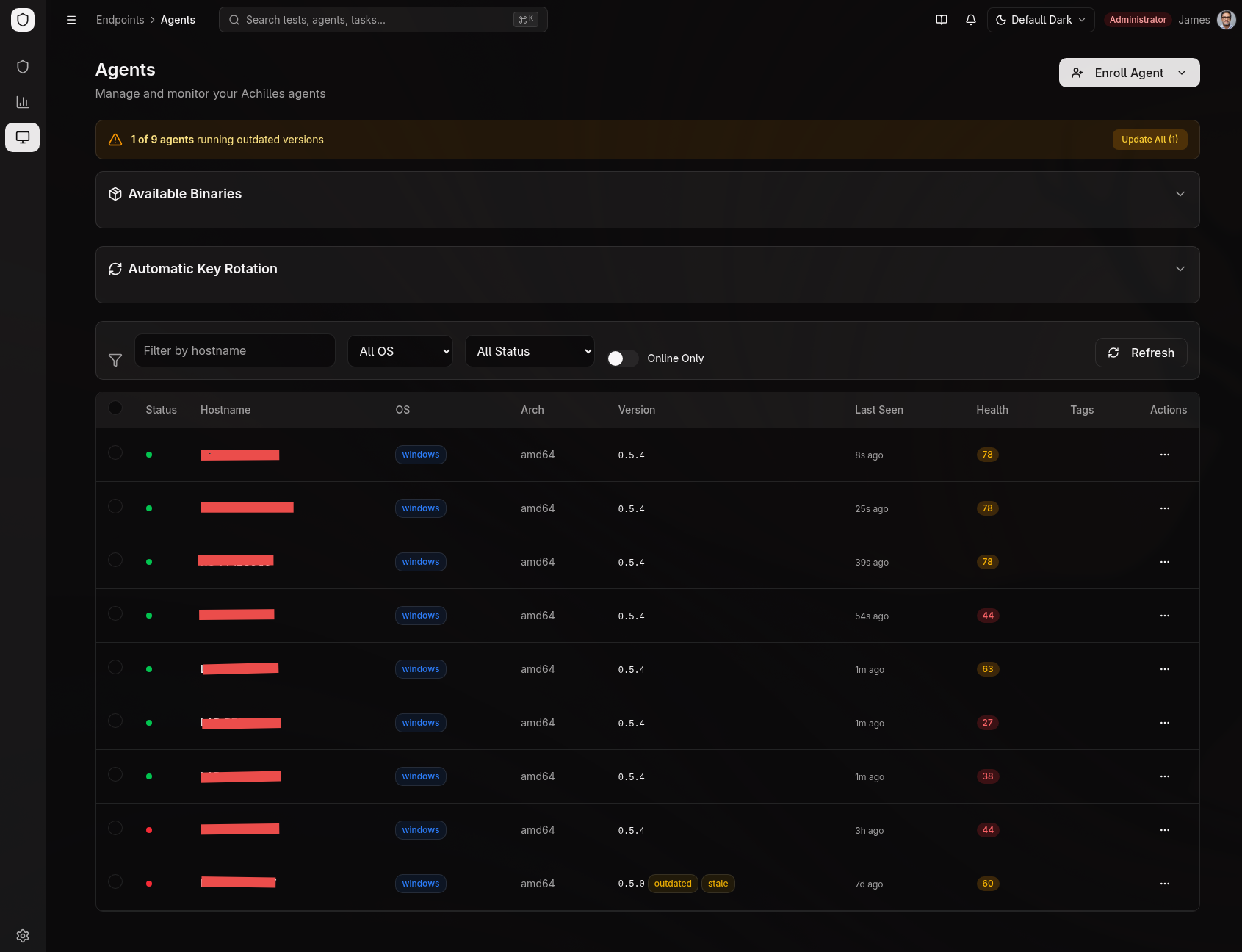 Agent fleet — full table with status, hostname, OS, version, health scores, and tags