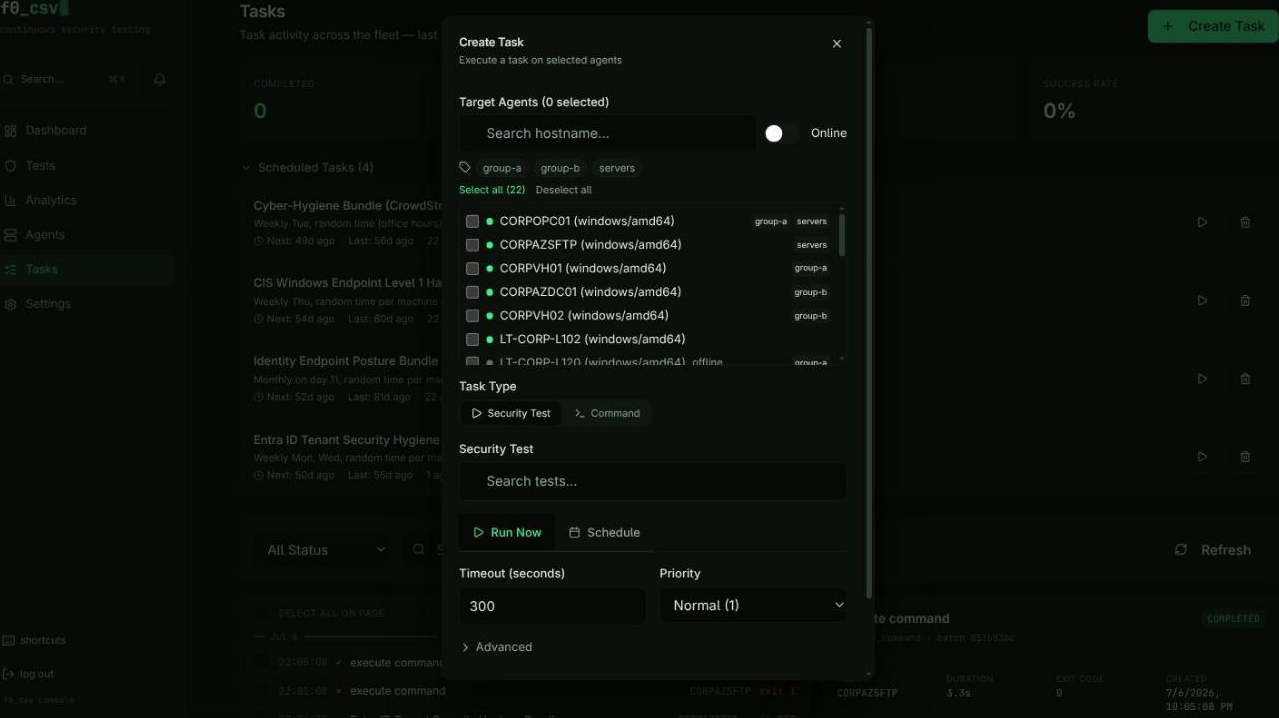 Create task dialog — agent selection, task type, schedule configuration, and priority settings