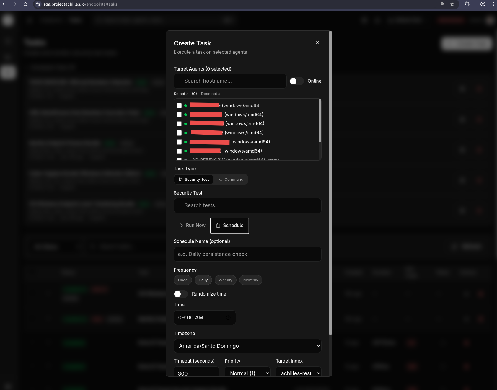 Create task dialog — agent selection, task type, schedule configuration, and priority settings