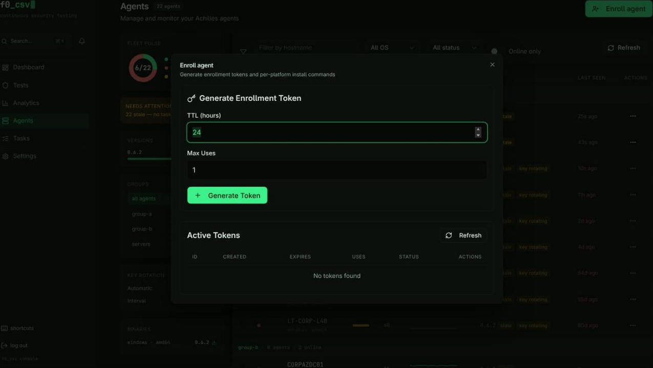 Enroll agent dialog — token TTL and max-uses form above the active tokens table