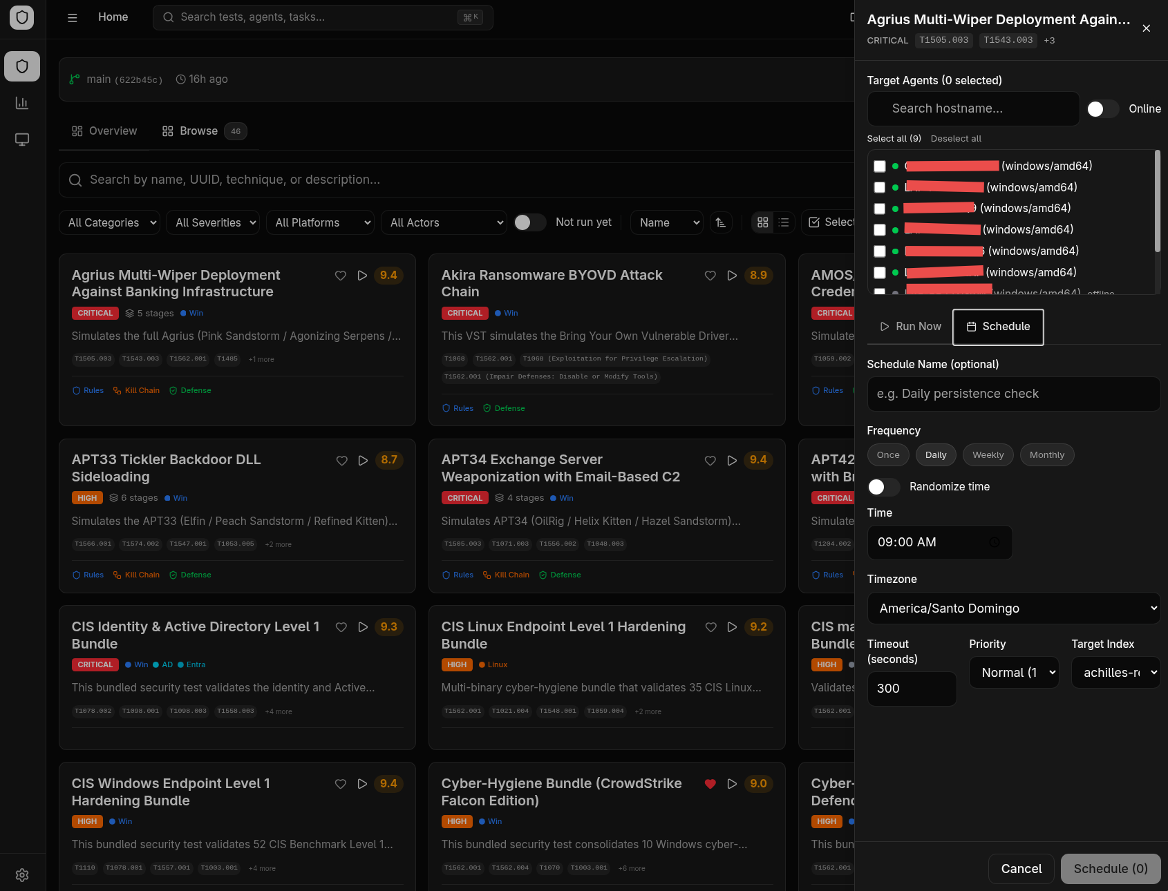 Execution drawer — agent selection with schedule configuration over the test browser