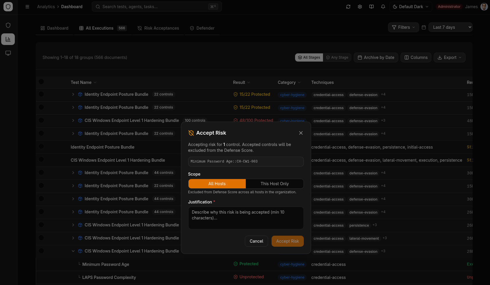 Risk acceptance dialog — justification form with scope selection over the executions table