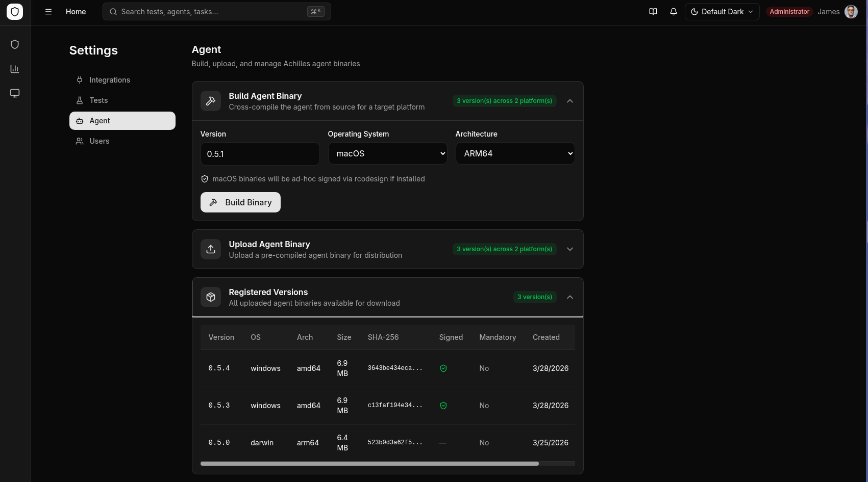 Settings agent page — build agent binary, upload binaries, and registered versions table