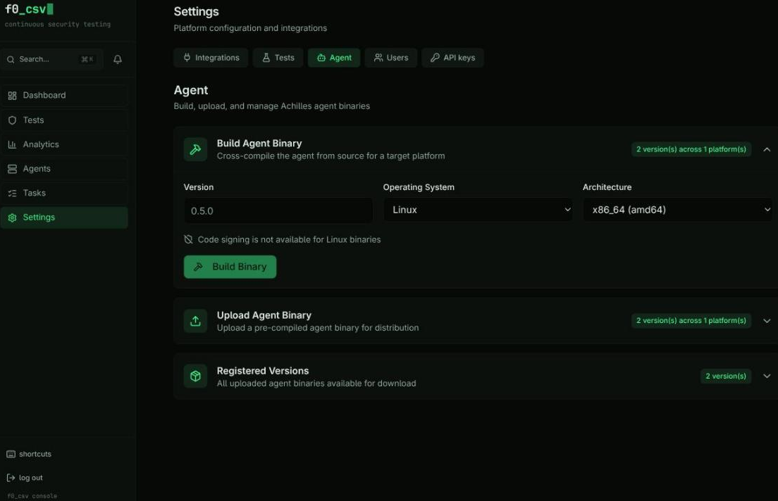 Settings agent page — build agent binary, upload binaries, and registered versions table