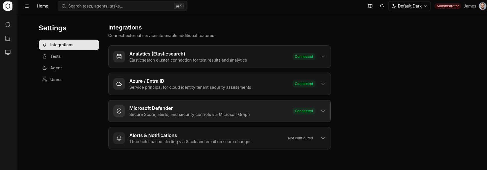 Settings integrations page — Elasticsearch, Azure/Entra ID, Microsoft Defender, and Alerting cards