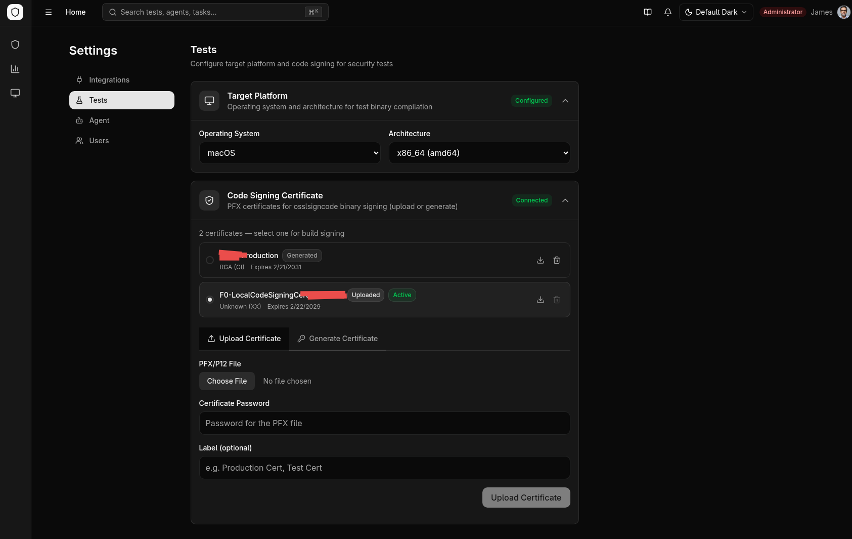 Settings tests page — target platform selection and code signing certificate management