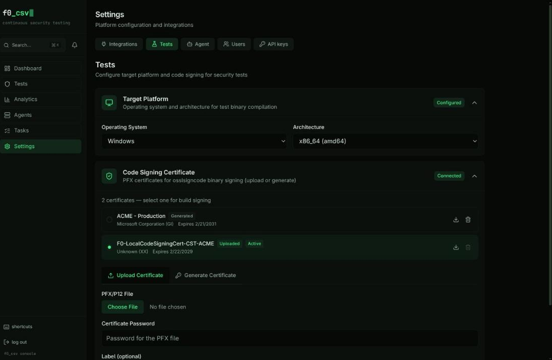 Settings tests page — target platform selection and code signing certificate management