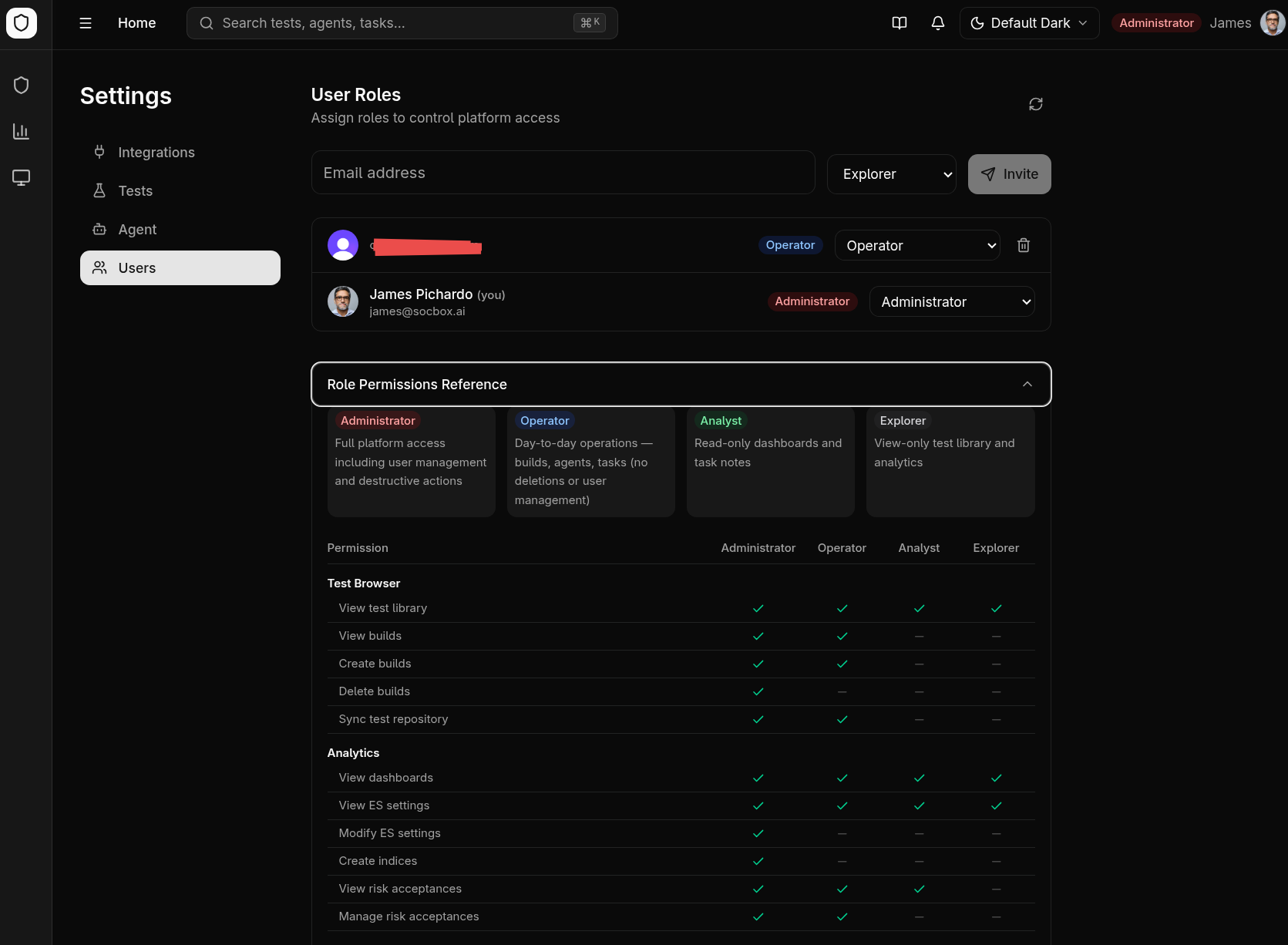Settings users page — user roles with RBAC permission reference matrix
