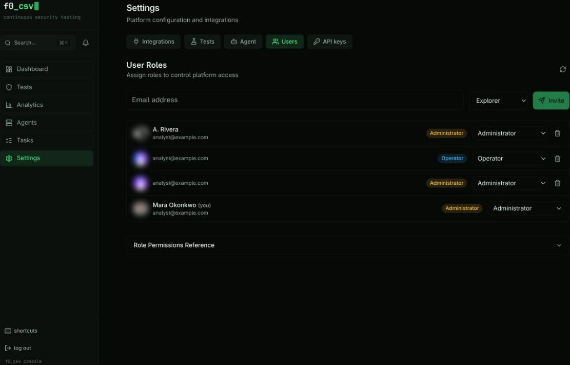 Settings users page — user roles with RBAC permission reference matrix