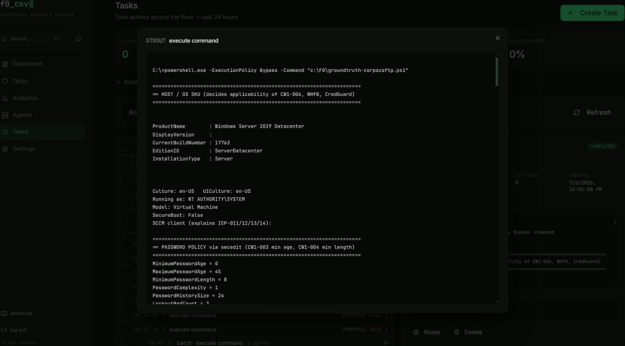 Expanded STDOUT dialog — full-width scrollable output for a completed task