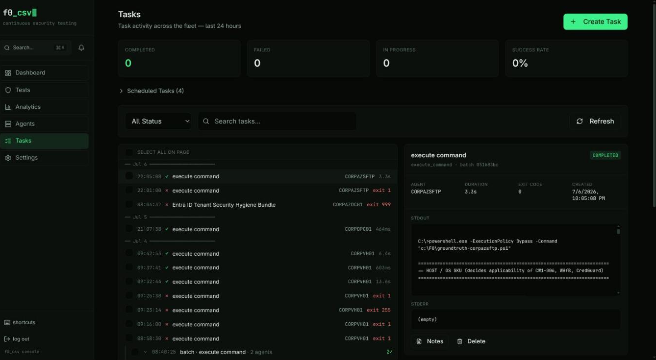 Tasks — KPI strip above the live task stream, with a selected task's detail panel showing agent, duration, exit code and stdout