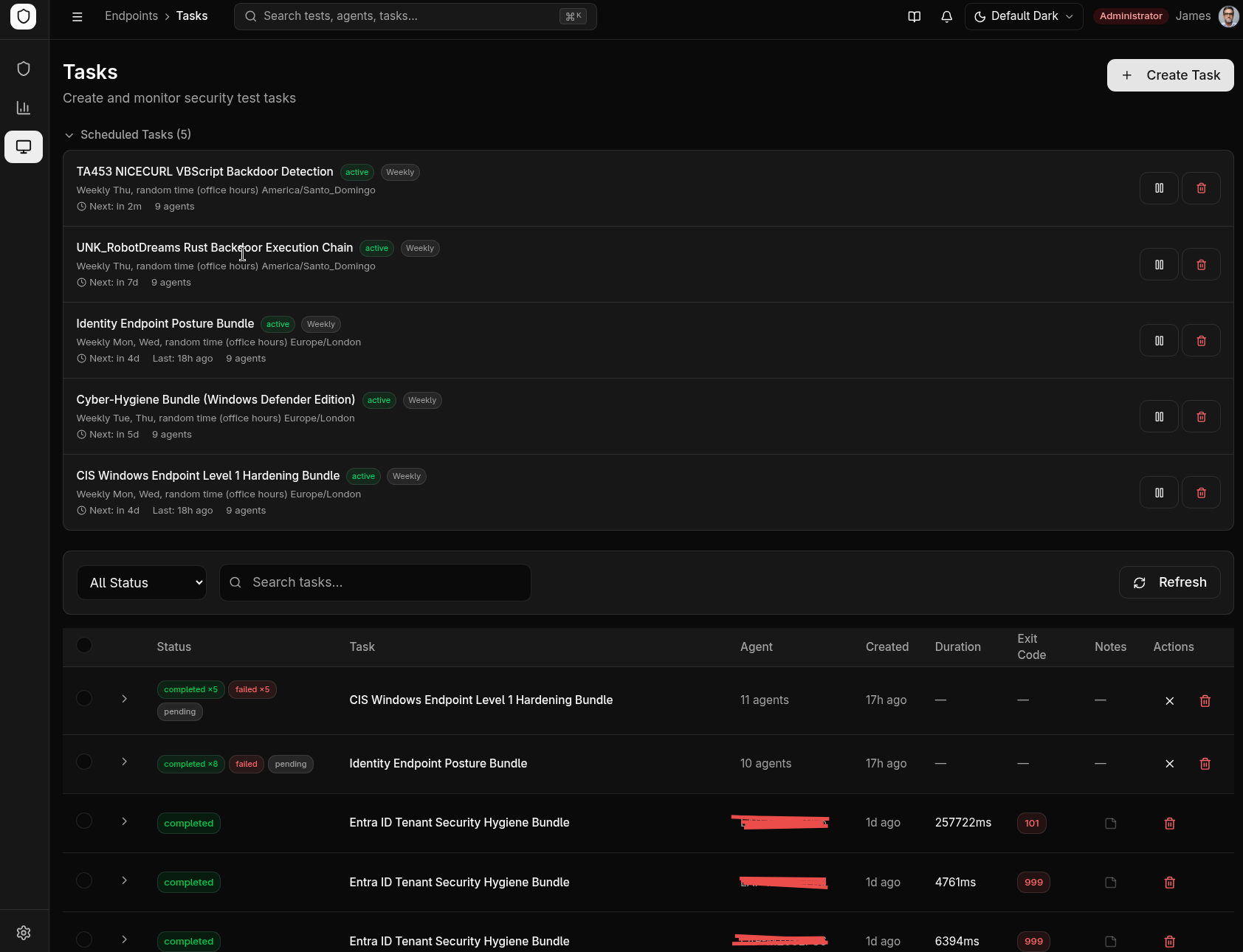 Tasks page — scheduled tasks and execution table with status badges, agents, and exit codes