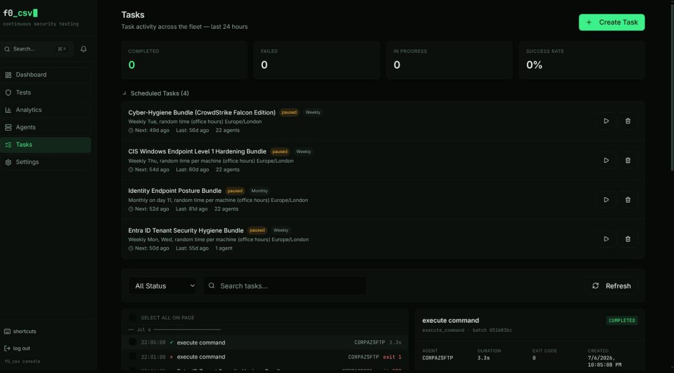 Scheduled tasks expanded — weekly and monthly bundle schedules with cadence, next run, and agent counts
