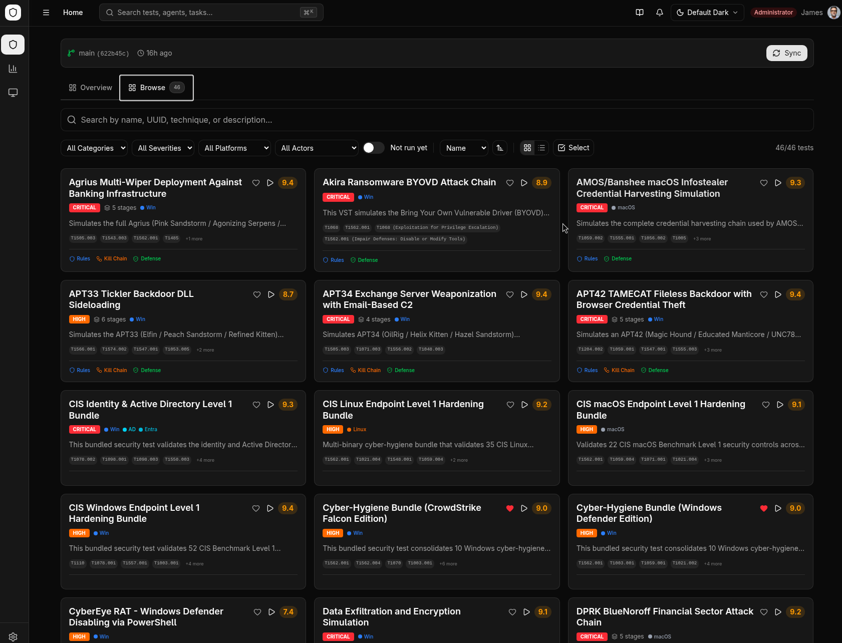 Test browser — card grid with severity badges, MITRE techniques, platform tags, and defense scores