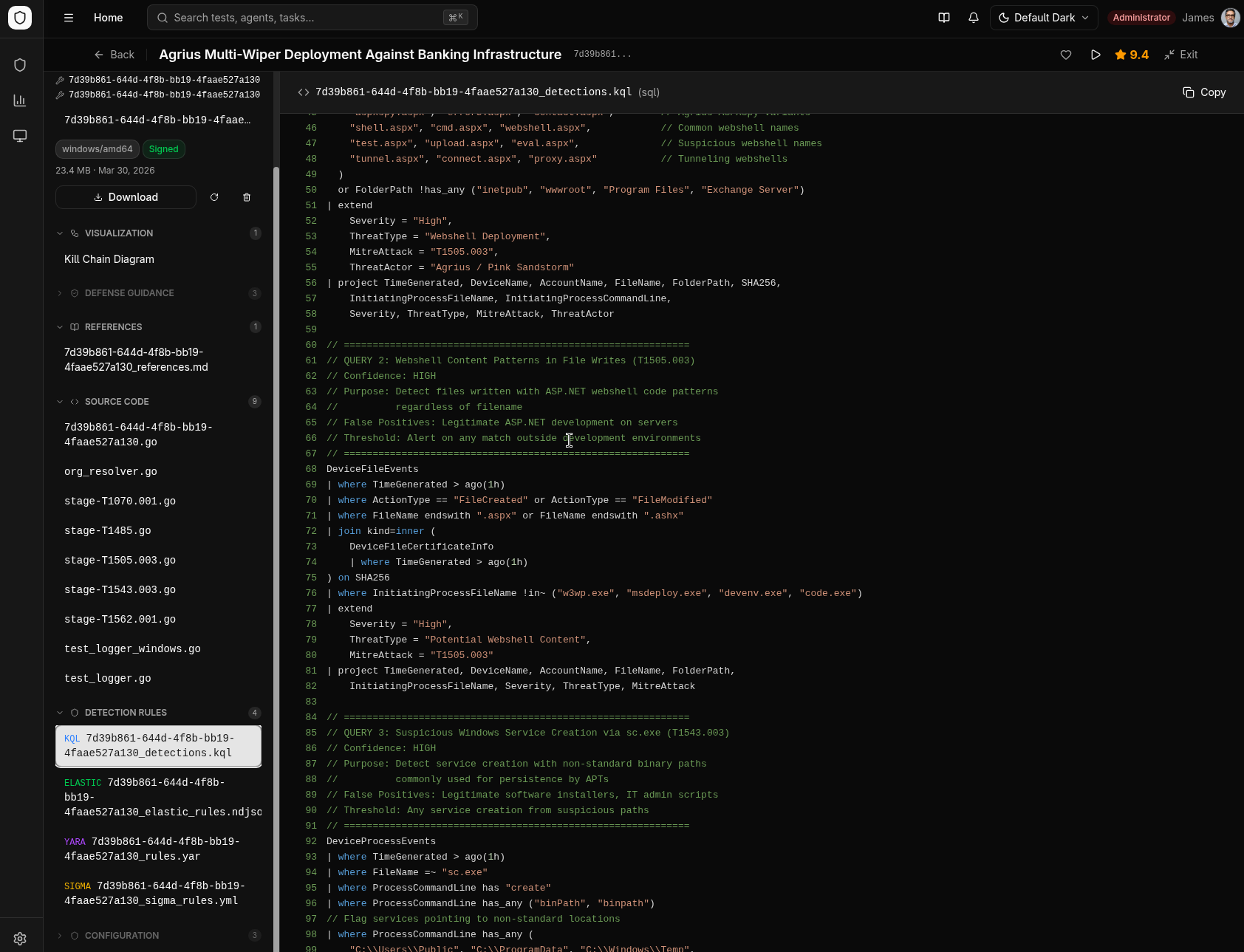 Detection rules — KQL query with syntax highlighting and file tree