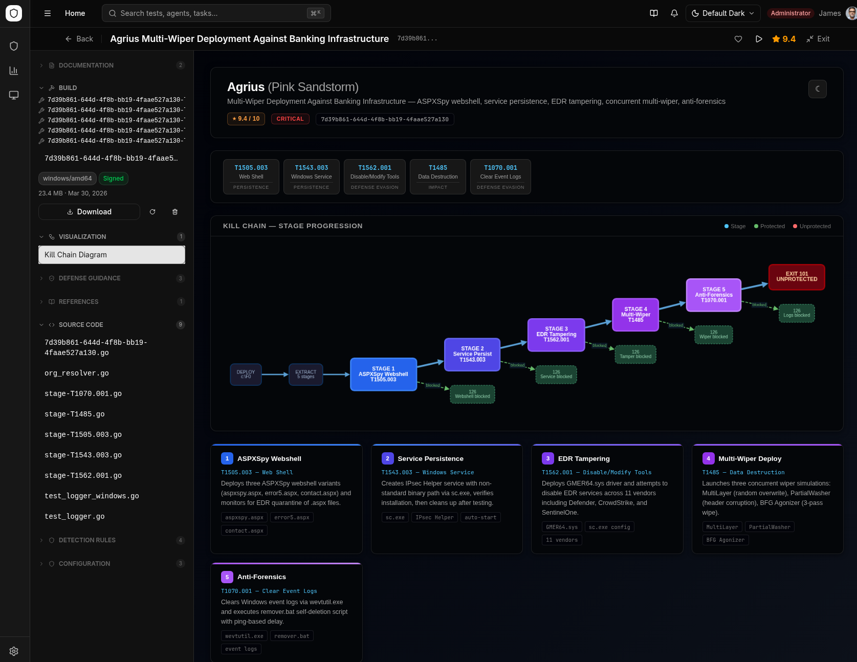 Test detail view — multi-stage kill chain diagram with stage progression, source files, and build artifacts