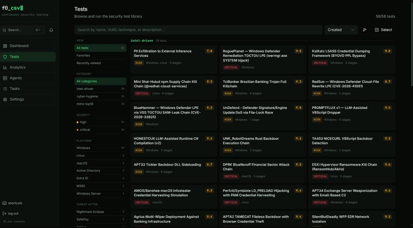 Tests — facet rail with category, severity, platform and threat-actor filters beside grouped test cards showing severity badges and test scores